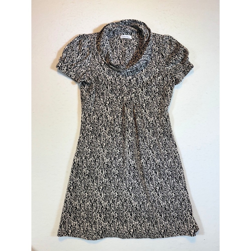 Calvin Klein Women's Black White Abstract Print Short Sleeve Cowl Neck Dress